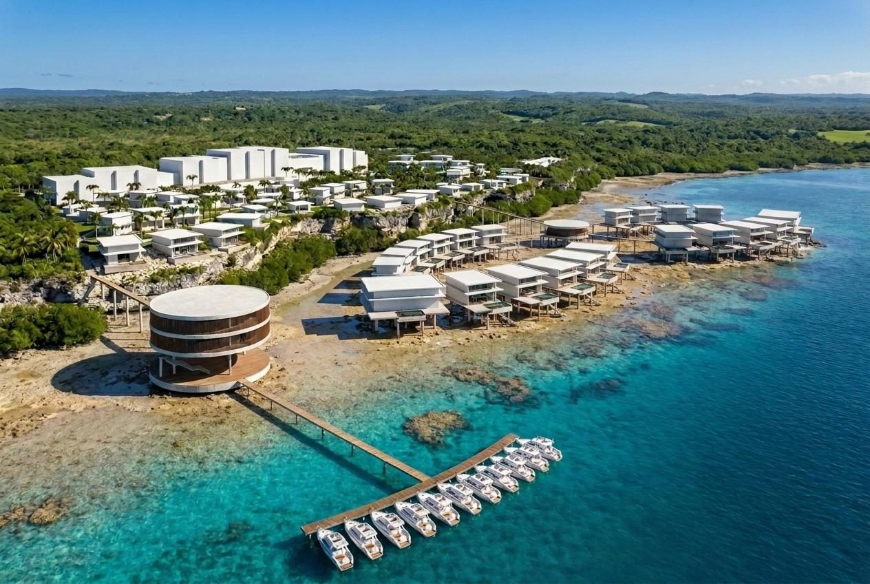 Golden-hour aerial view of the Michamwi coastline and overwater villas