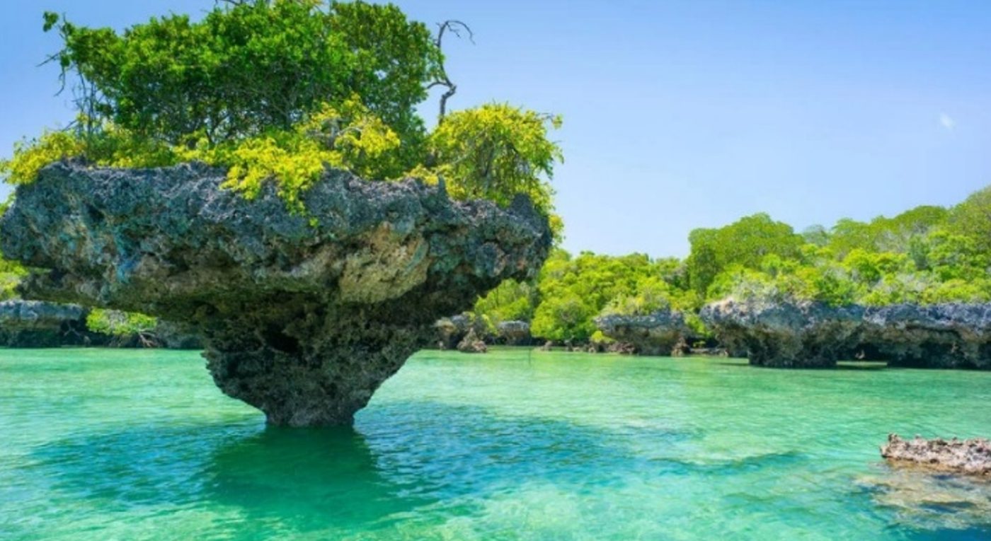 Coral-rock islet in the turquoise lagoon of Michamwi
